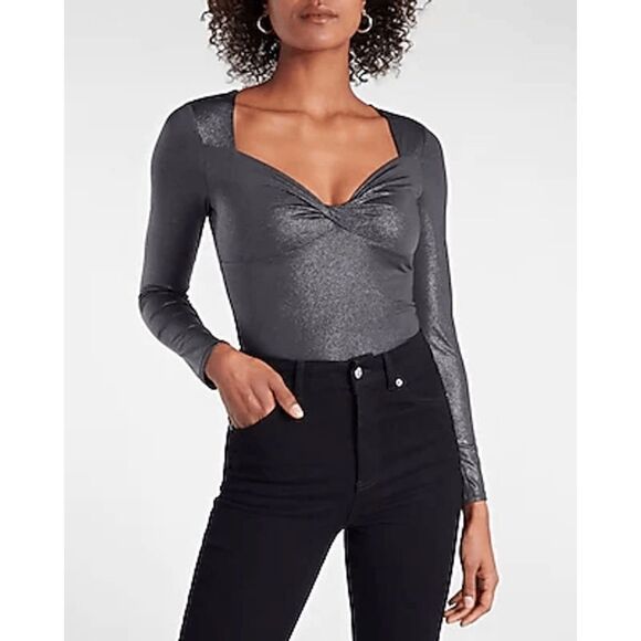 Express Gray Silver Body Contour Metallic Twist Front Long Sleeve Bodysuit, XL - Picture 7 of 7